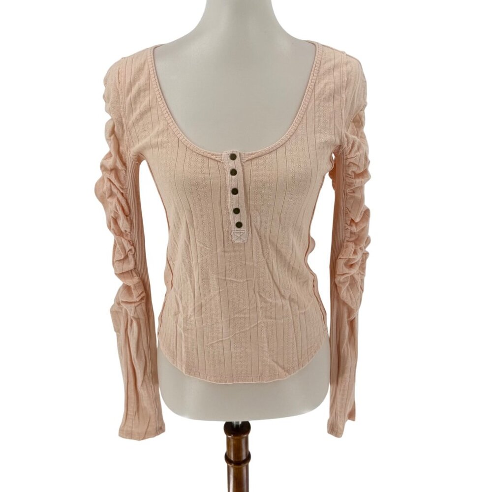We The Free Hope Henley Top XS Pink Long Sleeve Ruched Button Detail By Free Peo